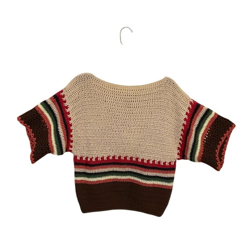 Handmade Crochet Knit Boat Neck Short Sleeve Striped Sweater 70s Vibes Medium - Picture 2 of 3